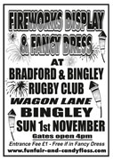 Poster for firework display and fancy dress party at Bradford & Bingley Rugby Club